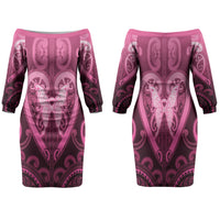 Aotearoa Breast Cancer Family Matching Off The Shoulder Long Sleeve Dress and Hawaiian Shirt Maori Tribal Pattern LT05 Mom's Dress Pink - Polynesian Pride