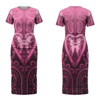 Aotearoa Breast Cancer Family Matching Short Sleeve Bodycon Dress and Hawaiian Shirt Maori Tribal Pattern LT05 Mom's Dress Pink - Polynesian Pride