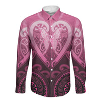 Aotearoa Breast Cancer Long Sleeve Button Shirt Maori Tribal Pattern LT05 Unisex Pink - Polynesian Pride