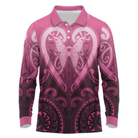 Aotearoa Breast Cancer Long Sleeve Polo Shirt Maori Tribal Pattern LT05 Pink - Polynesian Pride