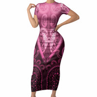 Aotearoa Breast Cancer Short Sleeve Bodycon Dress Maori Tribal Pattern LT05 Long Dress Pink - Polynesian Pride