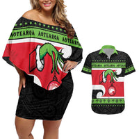 New Zealand Funny Christmas Couples Matching Off Shoulder Short Dress and Hawaiian Shirt Maori Tiki LT05 Black - Polynesian Pride