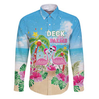 Hawaii Christmas Family Matching Mermaid Dress and Hawaiian Shirt Deck The Palms Holiday Flamingos LT05 Dad's Shirt - Long Sleeve Blue - Polynesian Pride