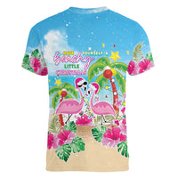 Hawaii Christmas Women V-Neck T-Shirt Deck The Palms Holiday Flamingos