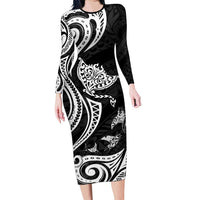Hawaii Manta Ray Family Matching Long Sleeve Bodycon Dress and Hawaiian Shirt Polynesian Art Tattoo LT05 Mom's Dress Black - Polynesian Pride