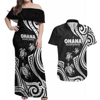 Hawaii Ohana Means Family Couples Matching Off Shoulder Maxi Dress and Hawaiian Shirt Sea Turtle Polynesian Style LT05 Black - Polynesian Pride