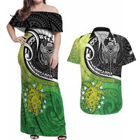 Personalised New Zealand Cook Islands Couples Matching Off Shoulder Maxi Dress and Hawaiian Shirt Maori Tiki With Circle Stars Turtle LT05 Multicolor - Polynesian Pride
