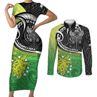 Personalised New Zealand Cook Islands Couples Matching Short Sleeve Bodycon Dress and Long Sleeve Button Shirt Maori Tiki With Circle Stars Turtle LT05 Multicolor - Polynesian Pride
