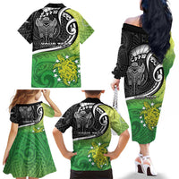 Personalised New Zealand Cook Islands Family Matching Off The Shoulder Long Sleeve Dress and Hawaiian Shirt Maori Tiki With Circle Stars Turtle LT05 - Polynesian Pride