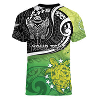 Personalised New Zealand Cook Islands Women V-Neck T-Shirt Maori Tiki With Circle Stars Turtle LT05 - Polynesian Pride