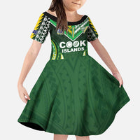 Custom Cook Islands Rugby Family Matching Off The Shoulder Long Sleeve Dress and Hawaiian Shirt Unique Style Green Version LT05 Daughter's Dress Green - Polynesian Pride