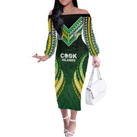 Custom Cook Islands Rugby Family Matching Off The Shoulder Long Sleeve Dress and Hawaiian Shirt Unique Style Green Version LT05 Mom's Dress Green - Polynesian Pride
