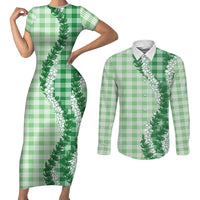 Green Hawaii Palaka Couples Matching Short Sleeve Bodycon Dress and Long Sleeve Button Shirt Hawaiian Honohono Lei LT05 Green - Polynesian Pride