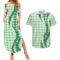 Green Hawaii Palaka Couples Matching Summer Maxi Dress and Hawaiian Shirt Hawaiian Honohono Lei LT05 Green - Polynesian Pride