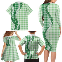 Green Hawaii Palaka Family Matching Long Sleeve Bodycon Dress and Hawaiian Shirt Hawaiian Honohono Lei LT05 - Polynesian Pride