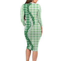 Green Hawaii Palaka Long Sleeve Bodycon Dress Hawaiian Honohono Lei