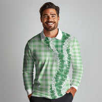 Green Hawaii Palaka Long Sleeve Polo Shirt Hawaiian Honohono Lei