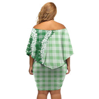 Green Hawaii Palaka Off Shoulder Short Dress Hawaiian Honohono Lei