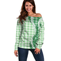 Green Hawaii Palaka Off Shoulder Sweater Hawaiian Honohono Lei