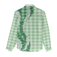 Green Hawaii Palaka Women Casual Shirt Hawaiian Honohono Lei