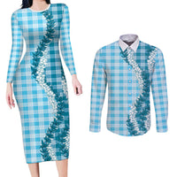 Blue Hawaii Palaka Couples Matching Long Sleeve Bodycon Dress and Long Sleeve Button Shirt Hawaiian Honohono Lei