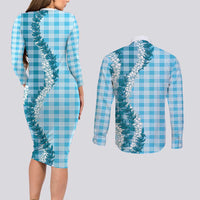 Blue Hawaii Palaka Couples Matching Long Sleeve Bodycon Dress and Long Sleeve Button Shirt Hawaiian Honohono Lei