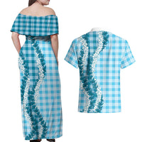 Blue Hawaii Palaka Couples Matching Off Shoulder Maxi Dress and Hawaiian Shirt Hawaiian Honohono Lei