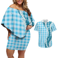 Blue Hawaii Palaka Couples Matching Off Shoulder Short Dress and Hawaiian Shirt Hawaiian Honohono Lei