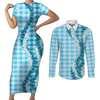 Blue Hawaii Palaka Couples Matching Short Sleeve Bodycon Dress and Long Sleeve Button Shirt Hawaiian Honohono Lei