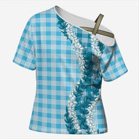 Blue Hawaii Palaka Cross Shoulder Shirt Hawaiian Honohono Lei