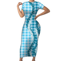 Blue Hawaii Palaka Family Matching Short Sleeve Bodycon Dress and Hawaiian Shirt Hawaiian Honohono Lei LT05 Mom's Dress Blue - Polynesian Pride