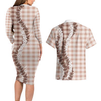 Beige Hawaii Palaka Couples Matching Long Sleeve Bodycon Dress and Hawaiian Shirt Hawaiian Honohono Lei LT05 - Polynesian Pride