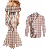 Beige Hawaii Palaka Couples Matching Mermaid Dress and Long Sleeve Button Shirt Hawaiian Honohono Lei