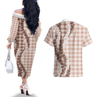 Beige Hawaii Palaka Couples Matching Off The Shoulder Long Sleeve Dress and Hawaiian Shirt Hawaiian Honohono Lei LT05 - Polynesian Pride