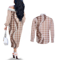 Beige Hawaii Palaka Couples Matching Off The Shoulder Long Sleeve Dress and Long Sleeve Button Shirt Hawaiian Honohono Lei LT05 - Polynesian Pride