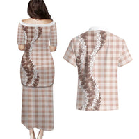 Beige Hawaii Palaka Couples Matching Puletasi and Hawaiian Shirt Hawaiian Honohono Lei