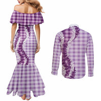Violet Hawaii Palaka Couples Matching Mermaid Dress and Long Sleeve Button Shirt Hawaiian Honohono Lei
