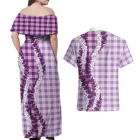 Violet Hawaii Palaka Couples Matching Off Shoulder Maxi Dress and Hawaiian Shirt Hawaiian Honohono Lei