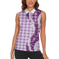 Violet Hawaii Palaka Women Sleeveless Polo Shirt Hawaiian Honohono Lei