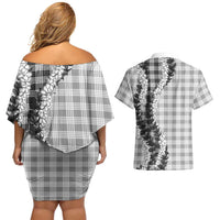 Gray Hawaii Palaka Couples Matching Off Shoulder Short Dress and Hawaiian Shirt Hawaiian Honohono Lei LT05 - Polynesian Pride