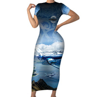 New Zealand Wanaka Air Show Family Matching Short Sleeve Bodycon Dress and Hawaiian Shirt With Maori Pattern LT05 Mom's Dress Blue - Polynesian Pride