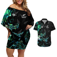 New Zealand Marathon Couples Matching Off Shoulder Short Dress and Hawaiian Shirt Silver Fern Paua Shell Simple Style LT05 Black - Polynesian Pride