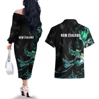 New Zealand Marathon Couples Matching Off The Shoulder Long Sleeve Dress and Hawaiian Shirt Silver Fern Paua Shell Simple Style LT05 - Polynesian Pride
