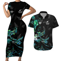 New Zealand Marathon Couples Matching Short Sleeve Bodycon Dress and Hawaiian Shirt Silver Fern Paua Shell Simple Style LT05 Black - Polynesian Pride