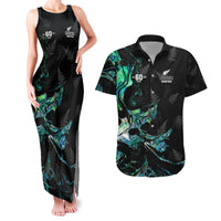 New Zealand Marathon Couples Matching Tank Maxi Dress and Hawaiian Shirt Silver Fern Paua Shell Simple Style LT05 Black - Polynesian Pride