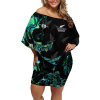 New Zealand Marathon Family Matching Off Shoulder Short Dress and Hawaiian Shirt Silver Fern Paua Shell Simple Style LT05 Mom's Dress Black - Polynesian Pride