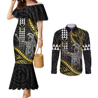 Hawaii King Kamehameha The Great Couples Matching Mermaid Dress and Long Sleeve Button Shirt Gold Tribal Tattoo LT05 Gold - Polynesian Pride