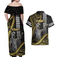 Hawaii King Kamehameha The Great Couples Matching Off Shoulder Maxi Dress and Hawaiian Shirt Gold Tribal Tattoo LT05 - Polynesian Pride