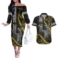 Hawaii King Kamehameha The Great Couples Matching Off The Shoulder Long Sleeve Dress and Hawaiian Shirt Gold Tribal Tattoo LT05 Gold - Polynesian Pride