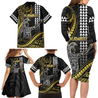 Hawaii King Kamehameha The Great Family Matching Long Sleeve Bodycon Dress and Hawaiian Shirt Gold Tribal Tattoo LT05 - Polynesian Pride